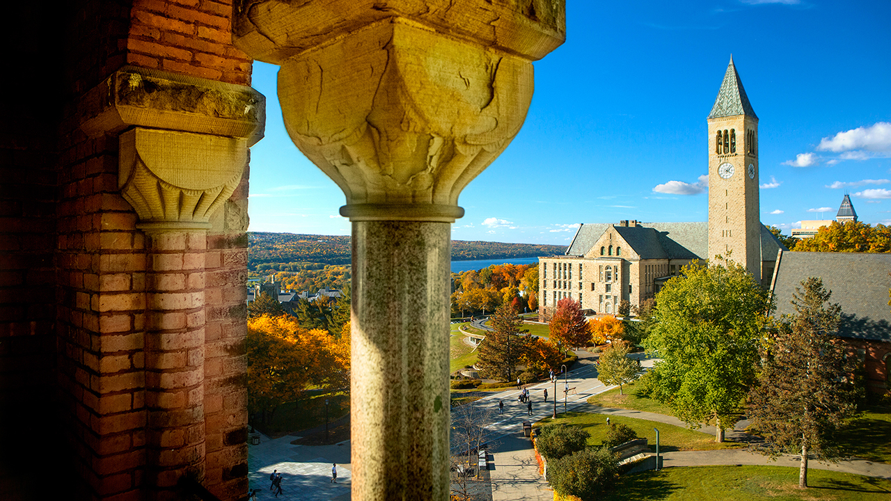 McGraw Tower, Uris Library and Ho Plaza in fall, shot from Barnes Hall.