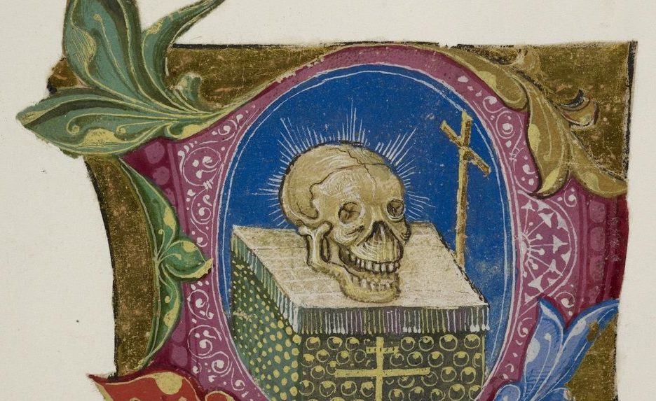 Illuminated manuscript image of a skull and a cross